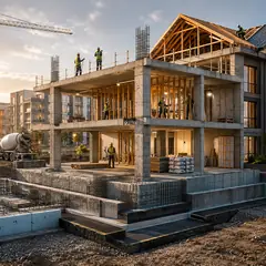 Gün batımında kule vinçli şantiyede yükselen betonarme konut inşaatı ve çalışan ekip