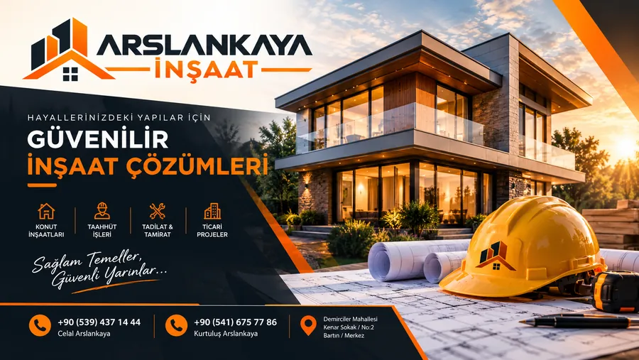Arslankaya İnşaat tanıtım görseli: gün batımında taş ve ahşap cepheli modern iki katlı villa, önde proje çizimleri üzerinde turuncu baret; konut inşaatları, taahhüt işleri, tadilat ve ticari projeler ikonları ile iletişim bilgileri